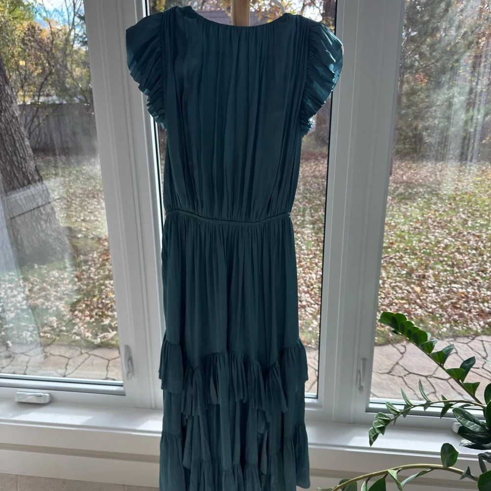 Ulla Johnson Plunge Neckline Midi Dress Teal Ruffle Hem Size XS / US 2 - Picture 4 of 6